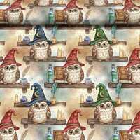 Tissu Chouette Magicienne &ndash; Coton Aquarelle Oeko-Tex | Owls Wizard Hats & Potions Fabric |