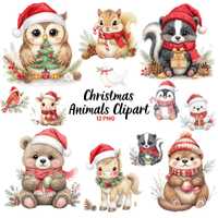 Christmas Woodland Animals Clipart | Owl Bear Penguin Horse Squirrel PNG | Watercolor Holiday Art
