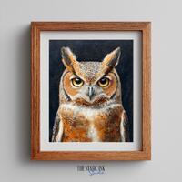 Moody Horned Owl Watercolor Portrait - Rustic Woodland Animal Art, Neutral Tones, Printable Wall Dec