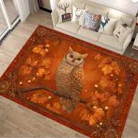 Autumn Owl Rug: Golden Leaves Carpet, Elegant Brown Orange Design, Forest Animal Theme Decor