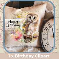 Happy Birthday Owl Clipart: Watercolor PNG File (Instant Download)