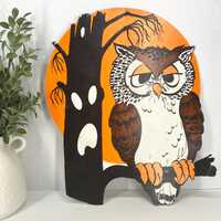 Halloween Owl Die Cut | Large 12x15 Inch | Vintage 1970s | Orange Moon | Spooky Tree