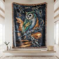 Owl art woven blanket, night forest woven throw, mystical bird home decor, pillows and throw blanket