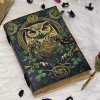 Owl Leather Journal Celtic Vintage Notebook with Lock Handmade Forest Diary Gift for Writers, Witche