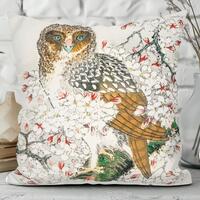 Japanese Owl Art Throw Pillow – Bird Decor Pillow Cover - Watercolor Owl Decor Gift