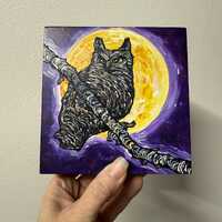 5x5” Owl with Full Moon Bird Art original acrylic painting by Tracy Levesque