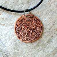 Copper owl charm necklace with hammered texture on the back