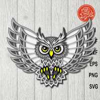 Layered Owl SVG: Gray & White Spread Wings Cut File (Digital Download)