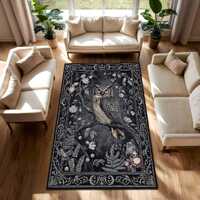 Vintage Owl Area Rug, Dark Botanical Gothic Carpet for Living Room Bedroom, Woodland Animal Floral D