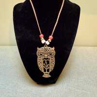 Vintage Owl Pendant Necklace Gold-Toned On Leather Cord