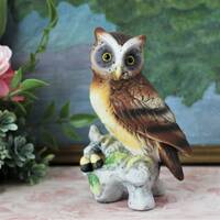 Vintage Owl Figurine: Bisque Porcelain, Bird on Branch Statue
