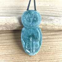 Ruru Owl Morepork Pendant in Guatemalan Light Snowy Princesa Blue Jadeite Jade 62 mm (GUA6300P)
