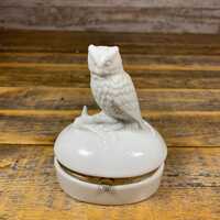Vintage White Porcelain Owl Trinket Jewelry Music Box - Taj Imports Japan