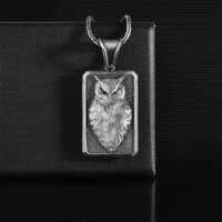 Owl Charm Tag Necklace in Sterling Silver, Handmade Personalized Animal Men Pendant, Engraved Animal