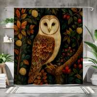 Owl Shower Curtain, Woodland Animal Bathroom Decor, Rustic Forest Style with Botanical Details, Autu
