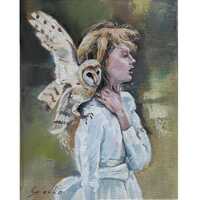 Oil painting 10"x8", Figurative, Beautiful woman, Owl, Legends, Realism, Impressionism, Po
