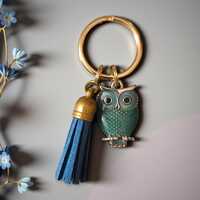 Owl and Tassel Keychain, Blue Owl with Blue Tassel or Purple Owl with Pink Tassel