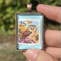 Little Owl Vintage Postage Stamp Pendant