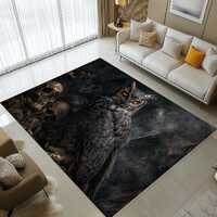 Gothic Owl Rug: Dark Smoke Skull Carpet, Bronze Charcoal Feathers Design, Mysterious Decor
