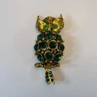 Vintage Owl Brooch, Pauline Rader style 1970s Figural Pin, Crystal Owl, Unsigned
