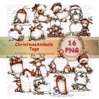 16 Christmas Vintage Whimsical Gift Tags PNG, Owls, Robins, Reindeer, Teddy Bears, Houses, Winter Sc