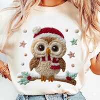 Tufted Christmas Owl Clipart, Fluffy Embroidery Texture PNG, Cozy Winter Bird, Cute Holiday Digital 