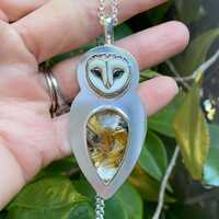 Star Rutile Barn Owl Pendant with Rare Laura Mears Porcelain Owl Face