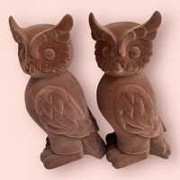 Vintage Brown Flocked Owl Figurines | Mid-Century Modern Decor