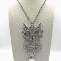 Vintage Large Cutout Articulating Owl Pendant Crystal Eye Charms Silver Tone Chain Necklace