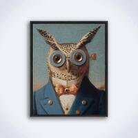Steampunk Owl Portrait in Blue Suit: Whimsical Anthropomorphic Bird Art Print, Vintage Animal Wall A