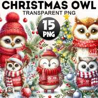 15+ Watercolor Christmas Owl Clipart Bundle , Winter Owl Png, Animal Christmas Illustration, Digital