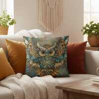 Owl Boho Pillow | Nature Inspired Cushion | Elegant Botanical Decor | Warm Earthy Tones
