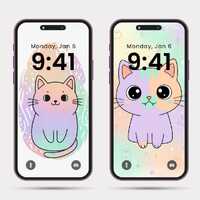 Cute Pastel Cat and Owl Phone Wallpapers Bundle – Kawaii Animal Lock Screen Aesthetic Art for 