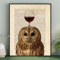 Owl Wall Art Print, Owl with Wine Glass Dictionary Page Artwork, Animal Illustration Home Decor, Wis