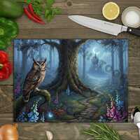 Fantasy Owl Glass Cutting Board PNG, Enchanted Forest Castle Design, Midnight Blue Kitchen Decor, Su