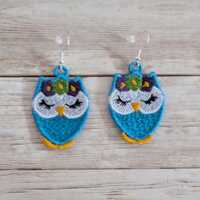 Turquoise blue embroidered owl drop earrings
