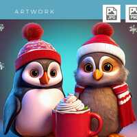 Cute Owl and Penguin With Background | Owl and Penguin Digital Clip Art | Cute Artic Animals | JPG W