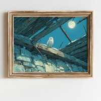 Rustic Owl Moonlit Scene - Moody Nocturnal Wall Art, Spooky Blue Night Owl, Cool Tones Printable, Co