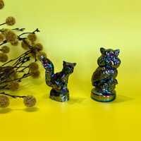 Pair/Carnival Glass Owl and Squirrel Figurines, Fall Decor, Pressed Glass, Animal Figurines, Desk Sh