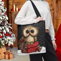 Christmas Owl Tote Bag, Cute Winter Snowy Owl Gift Bag, Woodland Holiday Shopper, Cozy Animal Lover 