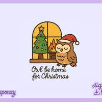 Owl Be Home for Christmas PNG | Cozy Owl by Fireplace | Whimsical Holiday Clipart | Cottagecore Chri
