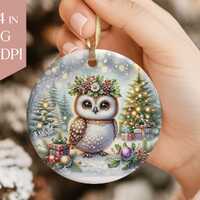 Cute Owl Christmas Ornament Sublimation PNG, Holly Wreath Bird Digital File, Woodland Bird Holiday K