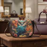 Midnight Owl Saddle Bag: Boho PU Leather Crossbody with Floral Art