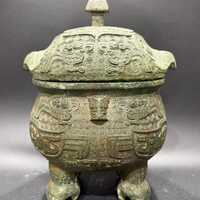 Antique Chinese Bronze Ritual Vessel, Owl Pattern, Wine Jar