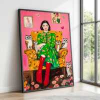 Elegant Woman in Green Floral Dress with Owls Canvas, Colorful Portrait Wall Art, Vibrant Home Decor