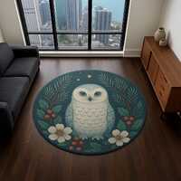 Snowy Owl Round Rug: Winter Holly, Evergreen Night