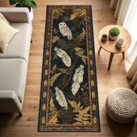 Woodland Owl Runner Rug in Dark Navy with Gold Ferns and Feathers, Boho Botanical Hallway Carpet for