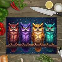 Colorful Owls Glass Cutting Board PNG, Cute Night Forest Kitchen Art, Rainbow Owl Sublimation Design