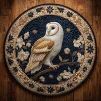 Owl Round Rug, Moonlight Garden Printed Mat, Rustic Boho Carpet, Night Sky Animal Decor, Cottagecore