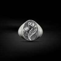 Cute Oval Owl with Baby Owl Sterling Silver Pinky Ring, Symbol of the Wisdom Signet Ring Jewelry in